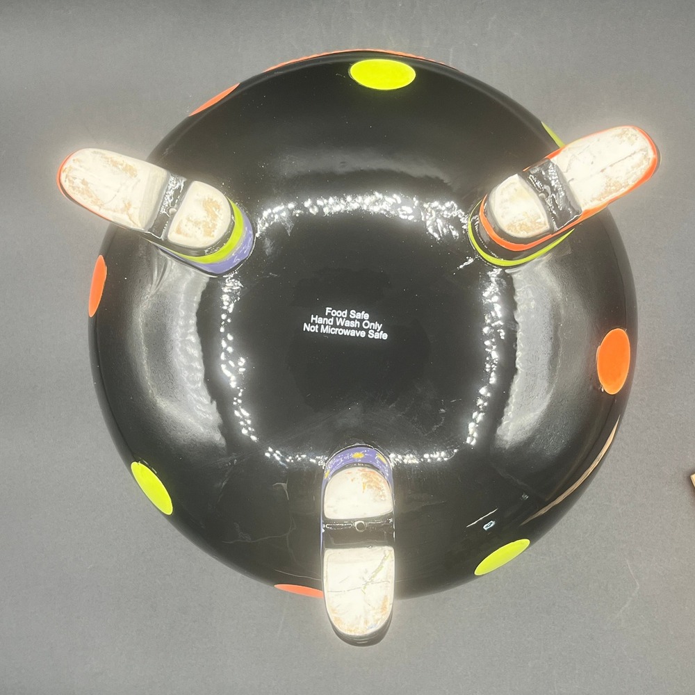 Witch's Brew Halloween Cauldron Ceramic Bowl Witch Feet Polka Dots Black 7.5" - Picture 6 of 8